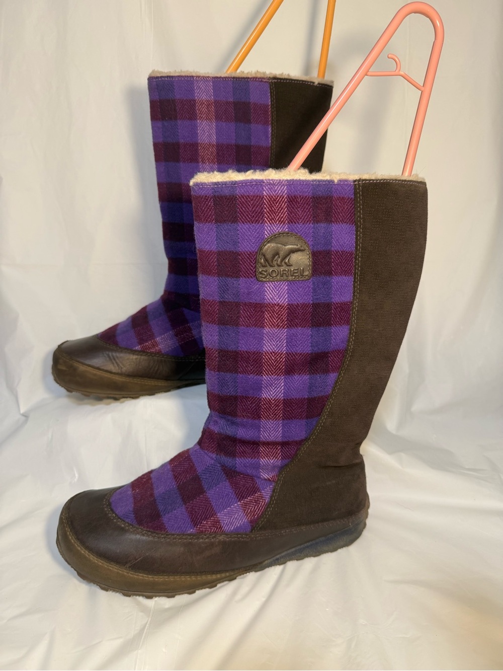 Sorel Mackenzie Boots Women’s US Size 9 Brown Suede Purple Plaid Sherpa Lined